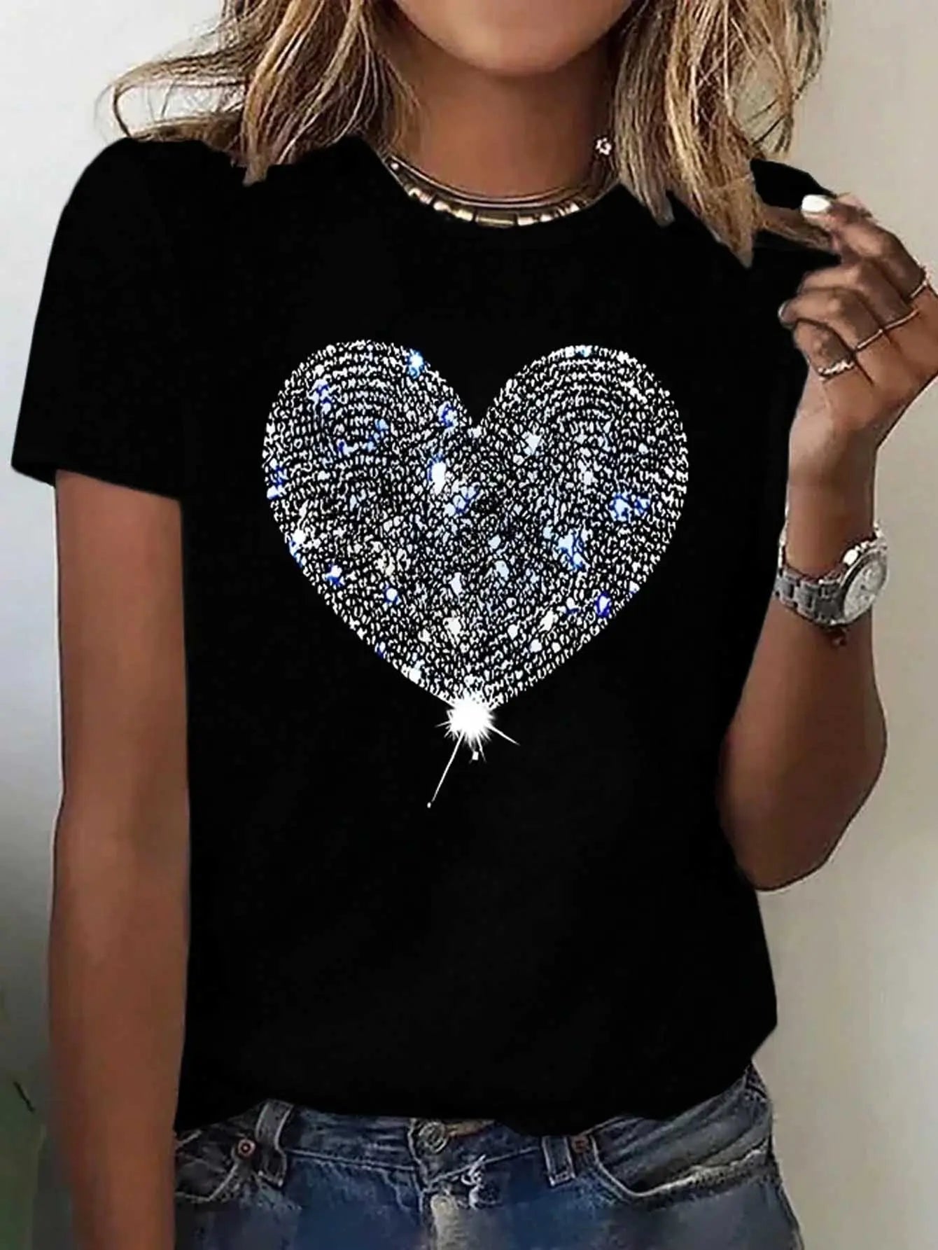 Heart Round Neck Short Sleeve T-Shirt - GlossiChic Collection Black / S GlossiChic Collection apparel