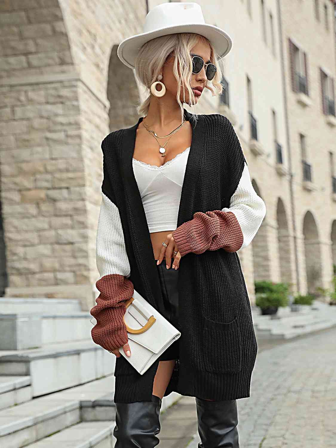 Tricolor Dropped Shoulder Cardigan with Pockets - GlossiChic Collection Black / S GlossiChic Collection apparel
