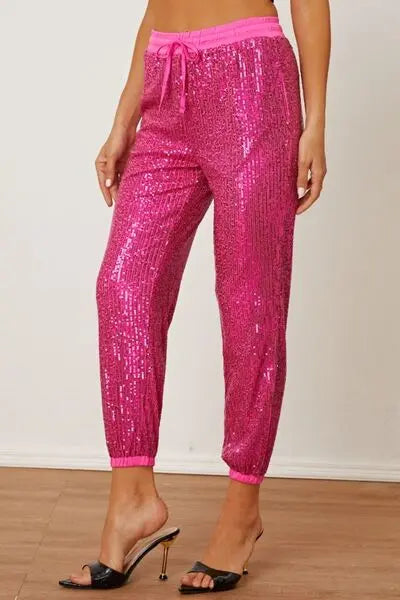 Sequin Drawstring Pants with Pockets - GlossiChic Collection Hot Pink / S GlossiChic Collection Jeans, Pants, & Shorts
