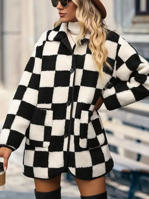 Full Size Checkered Button Front Coat with Pockets - GlossiChic Collection Black / S GlossiChic Collection apparel