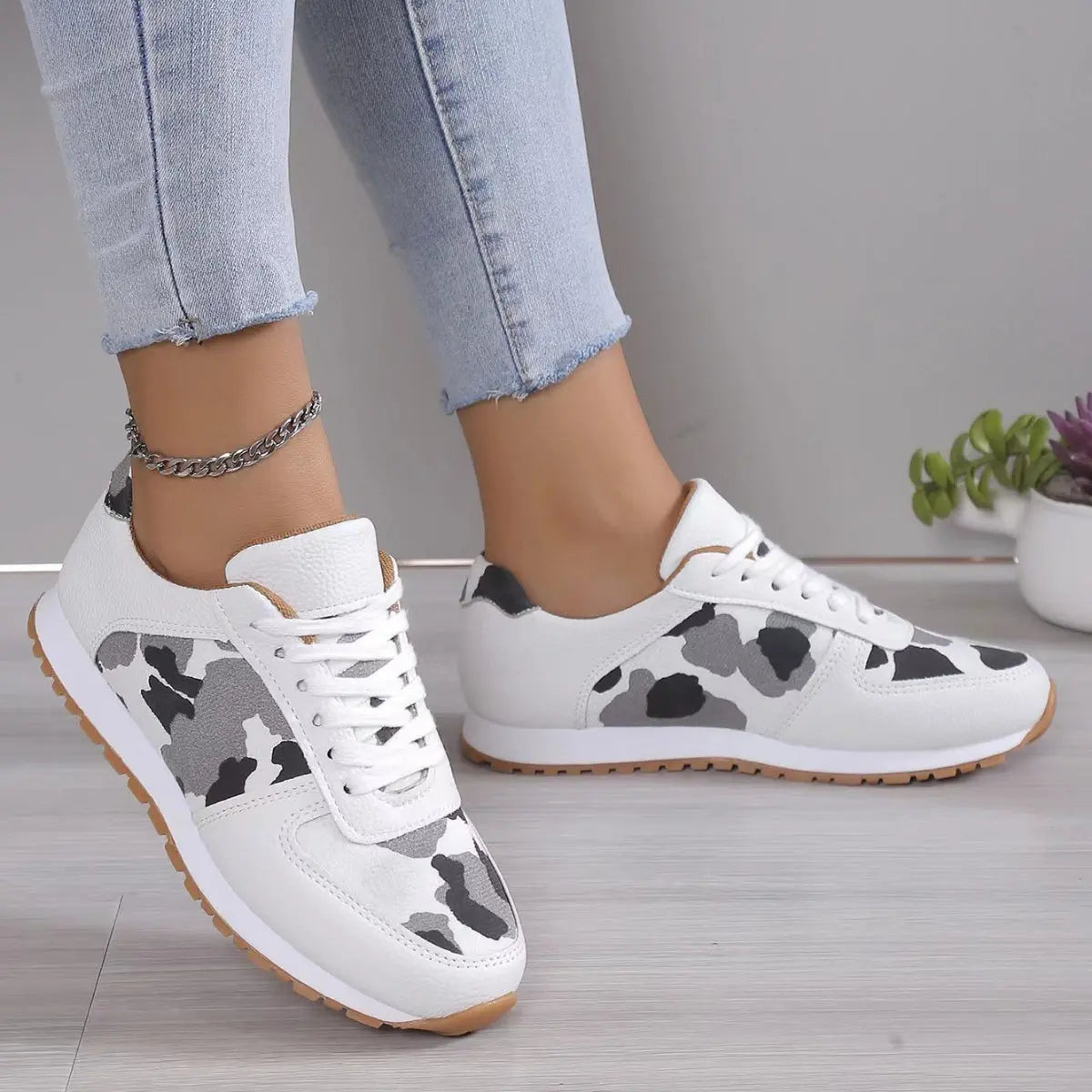 Tied Printed PU Leather Athletic - GlossiChic Collection White / 36(US5) GlossiChic Collection Shoes & Accessories