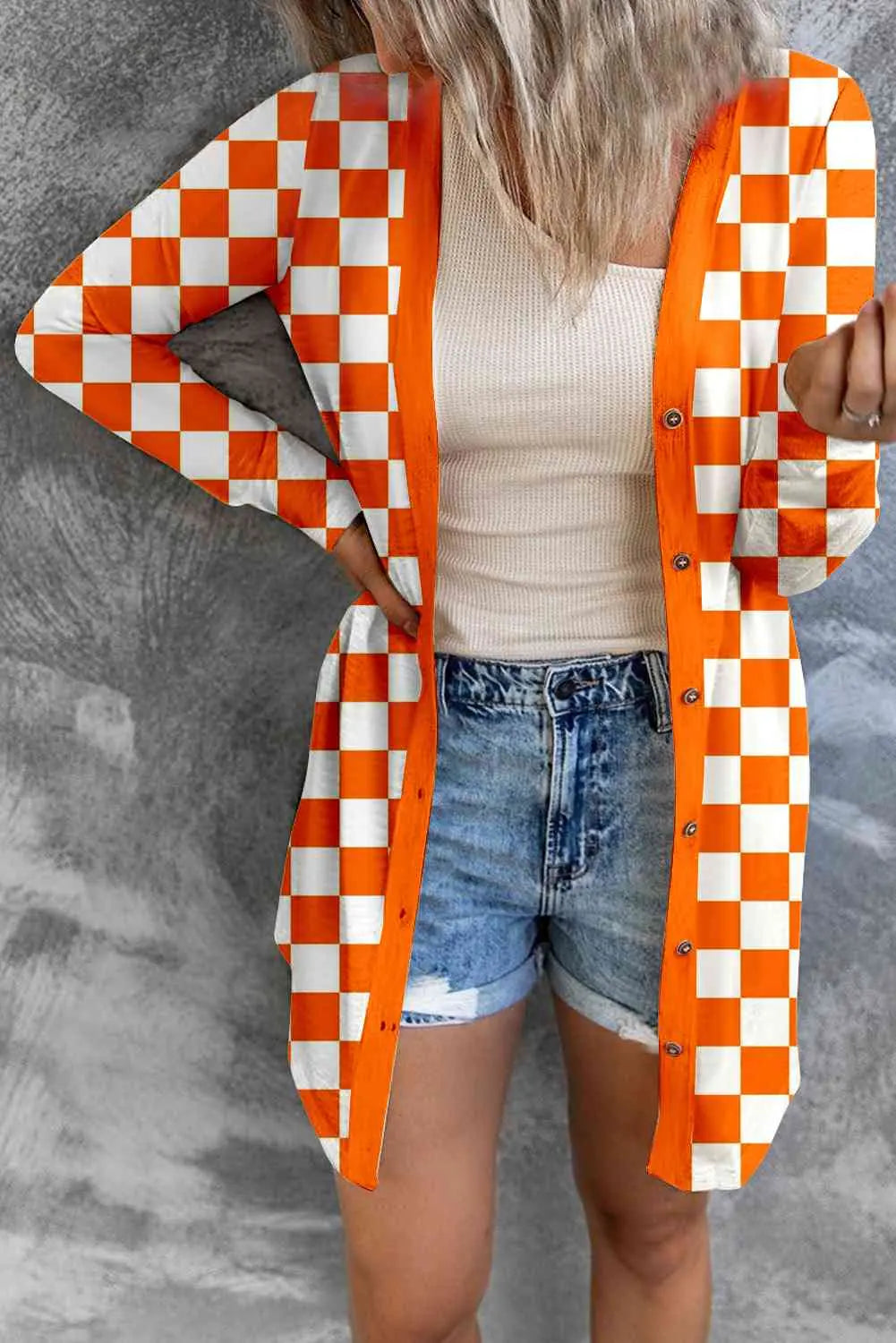 Checkered Button Up Long Cardigan - GlossiChic Collection Tangerine / S GlossiChic Collection apparel
