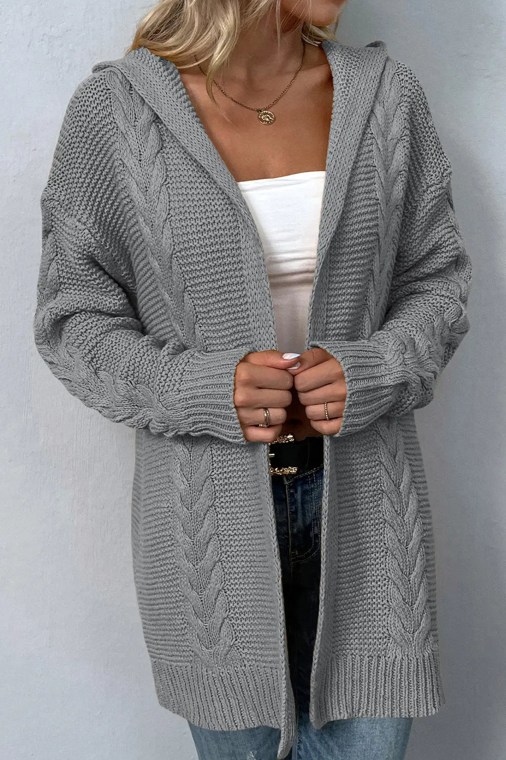Cable-Knit Dropped Shoulder Hooded Cardigan - GlossiChic Collection Charcoal / S GlossiChic Collection apparel