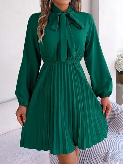 Tie Neck Balloon Sleeve Pleated Dress - GlossiChic Collection Wine / S GlossiChic Collection Dresses