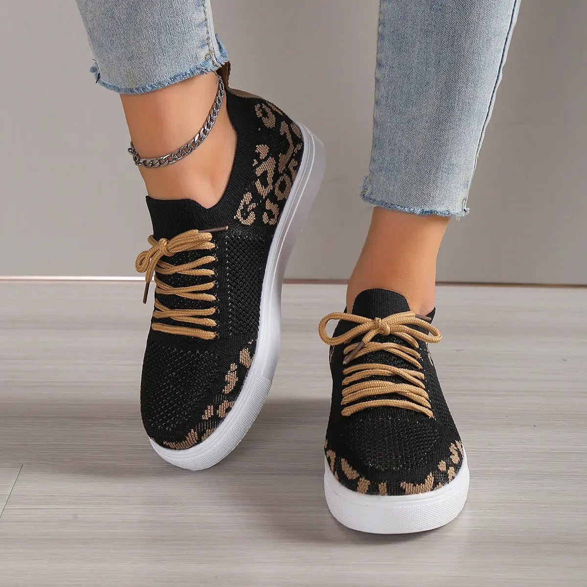 Lace-Up Leopard Flat Sneakers - GlossiChic Collection Black / 36(US5) GlossiChic Collection Shoes & Accessories
