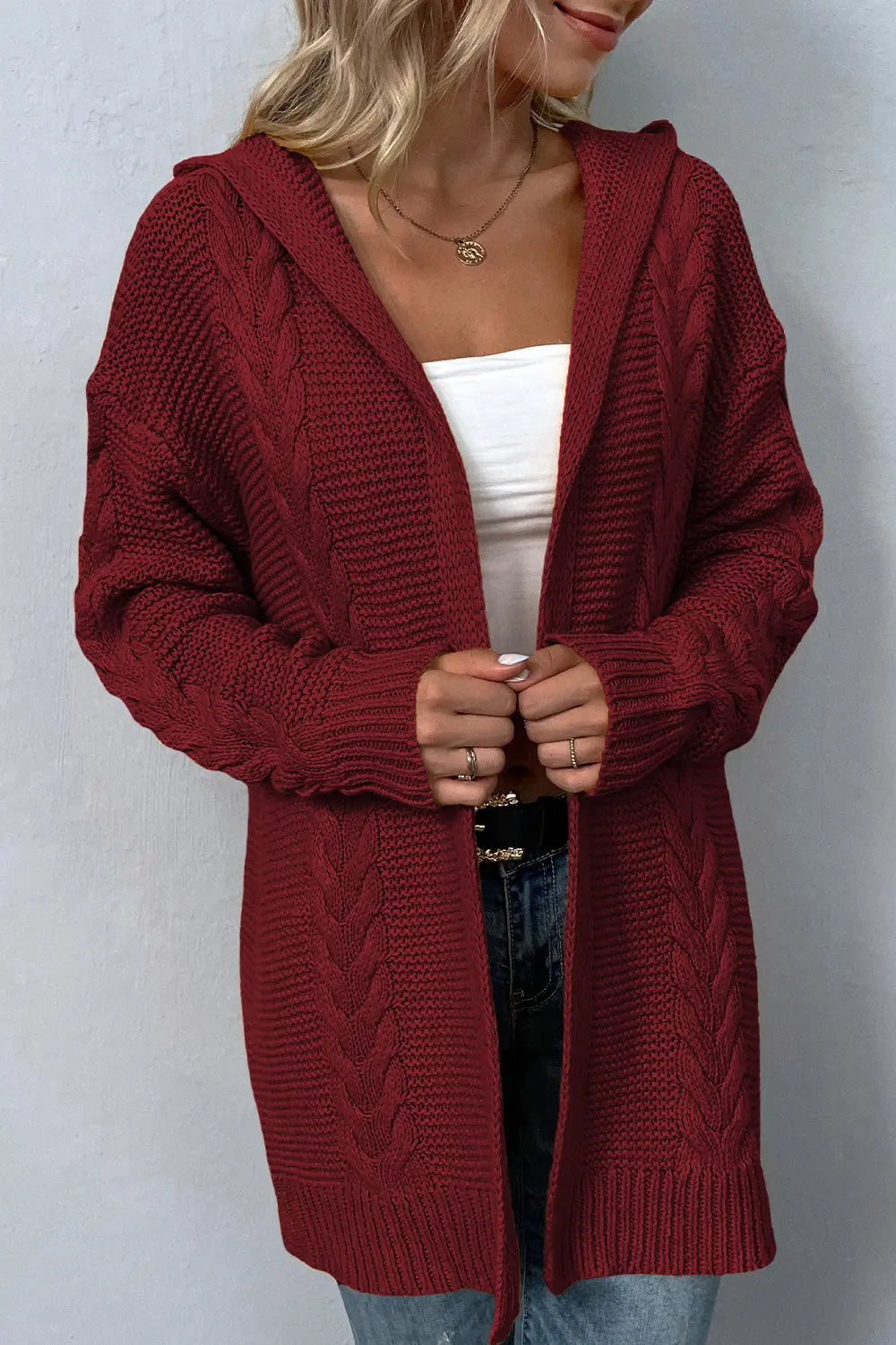 Cable-Knit Dropped Shoulder Hooded Cardigan - GlossiChic Collection Wine / S GlossiChic Collection apparel