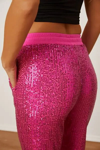 Sequin Drawstring Pants with Pockets - GlossiChic Collection Hot Pink / S GlossiChic Collection Jeans, Pants, & Shorts