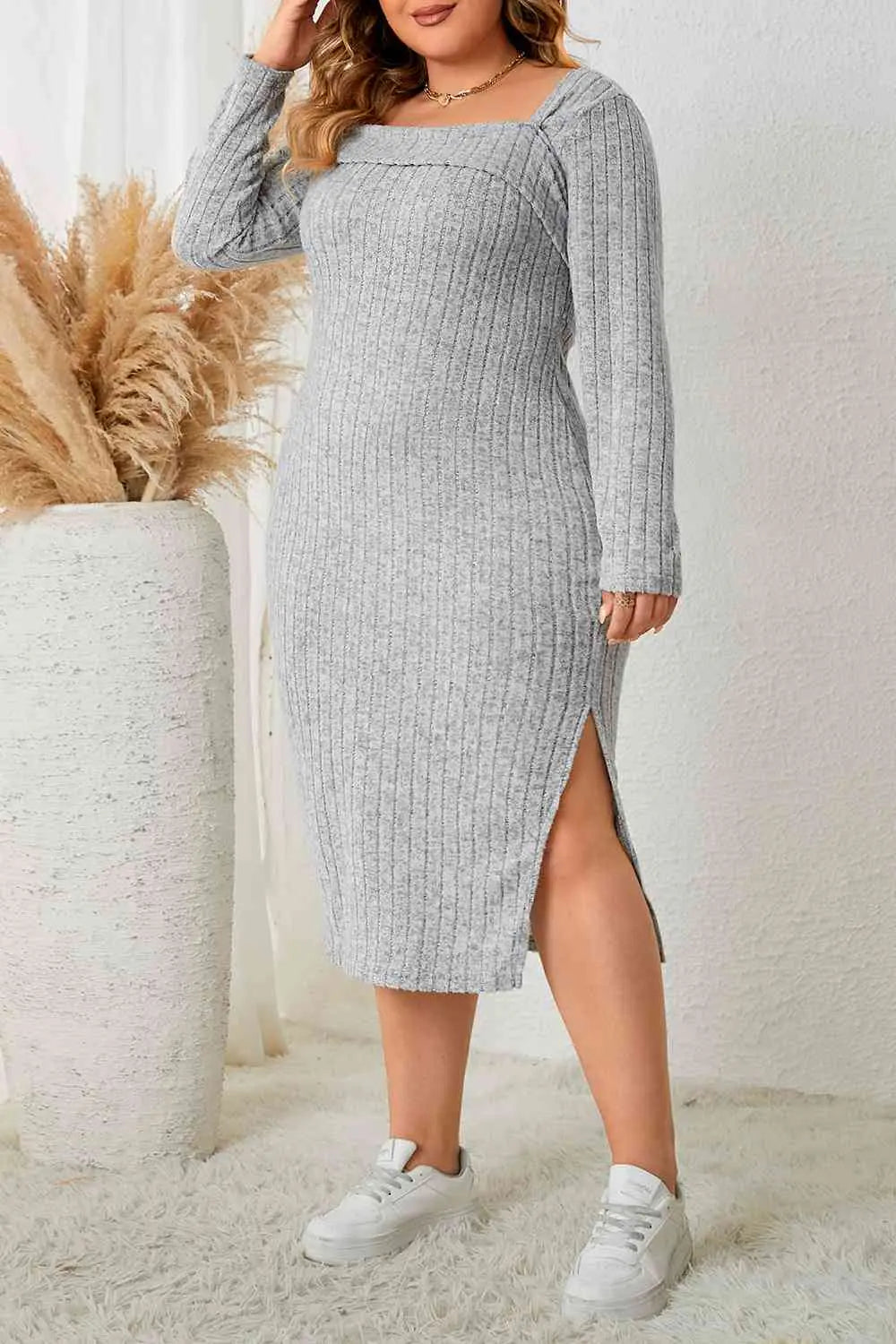 Plus Size Square Neck Long Sleeve Slit Dress - GlossiChic Collection Heather Gray / 1XL GlossiChic Collection apparel