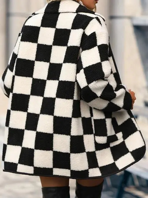 Full Size Checkered Button Front Coat with Pockets - GlossiChic Collection Black / S GlossiChic Collection apparel