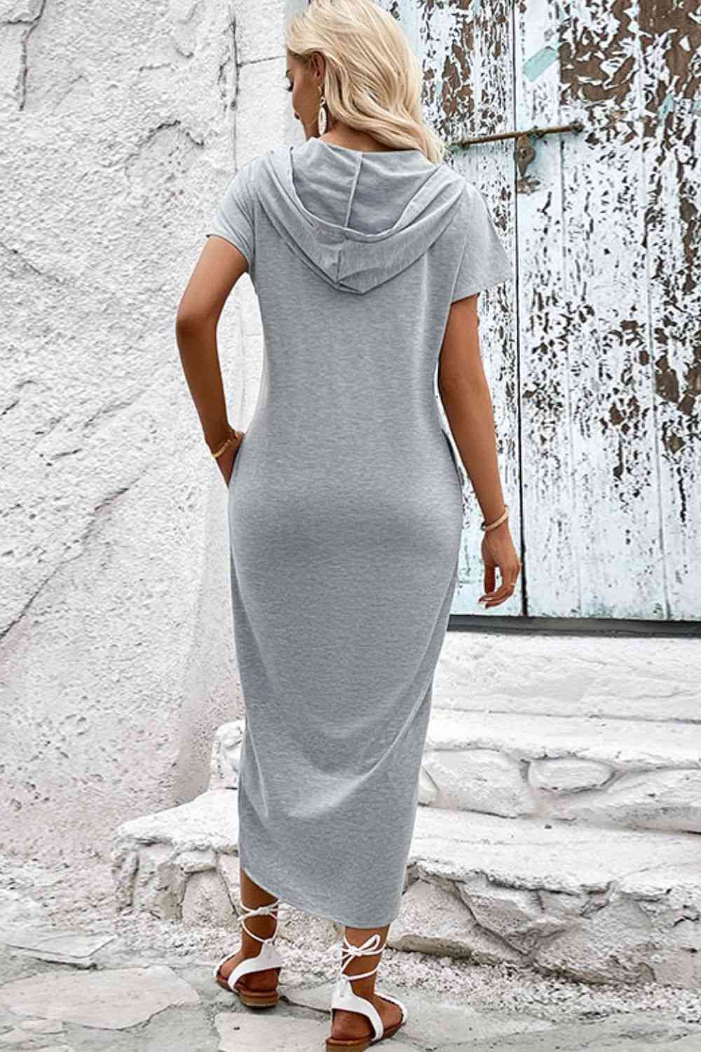 Short Sleeve Front Slit Hooded Dress - GlossiChic Collection Light Gray / S GlossiChic Collection Dresses