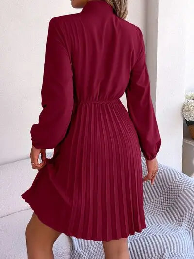 Tie Neck Balloon Sleeve Pleated Dress - GlossiChic Collection Wine / S GlossiChic Collection Dresses