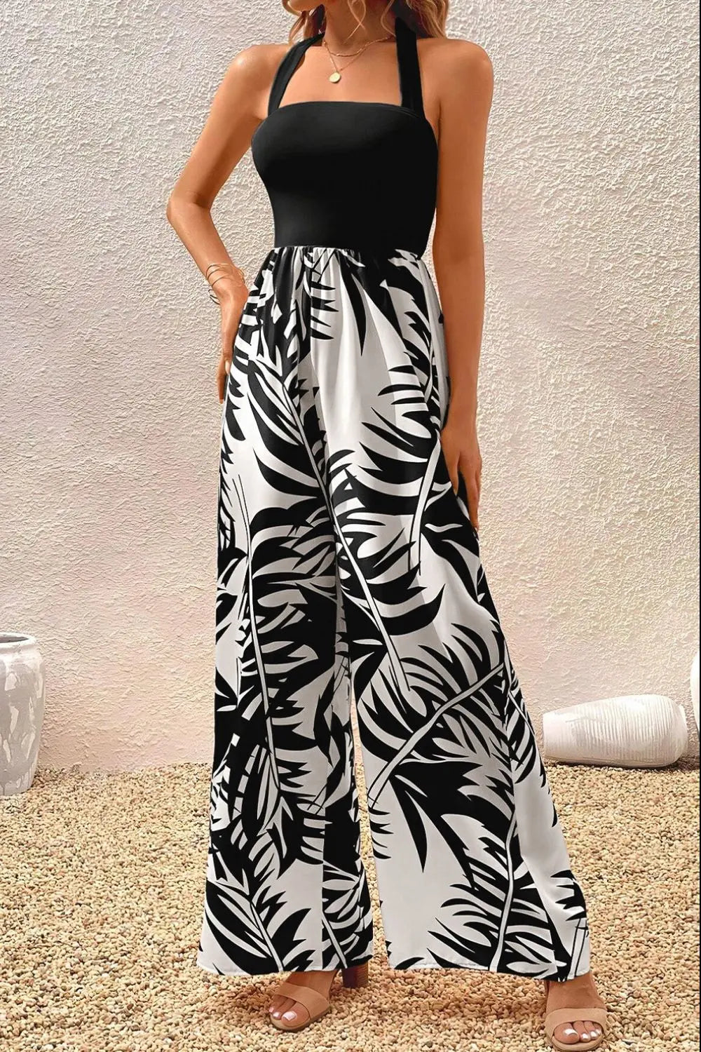 Printed Halter Wide Leg Jumpsuit - GlossiChic Collection Black / S GlossiChic Collection Jeans, Pants, & Shorts