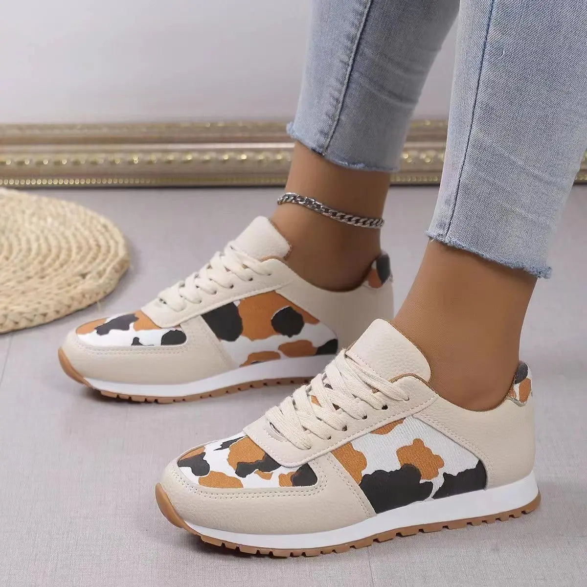 Tied Printed PU Leather Athletic - GlossiChic Collection Ivory / 36(US5) GlossiChic Collection Shoes & Accessories