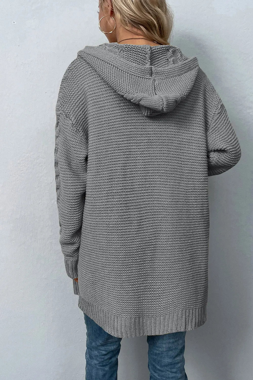 Cable-Knit Dropped Shoulder Hooded Cardigan - GlossiChic Collection Charcoal / S GlossiChic Collection apparel