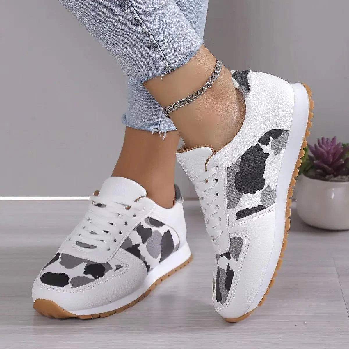 Tied Printed PU Leather Athletic - GlossiChic Collection Black / 36(US5) GlossiChic Collection Shoes & Accessories