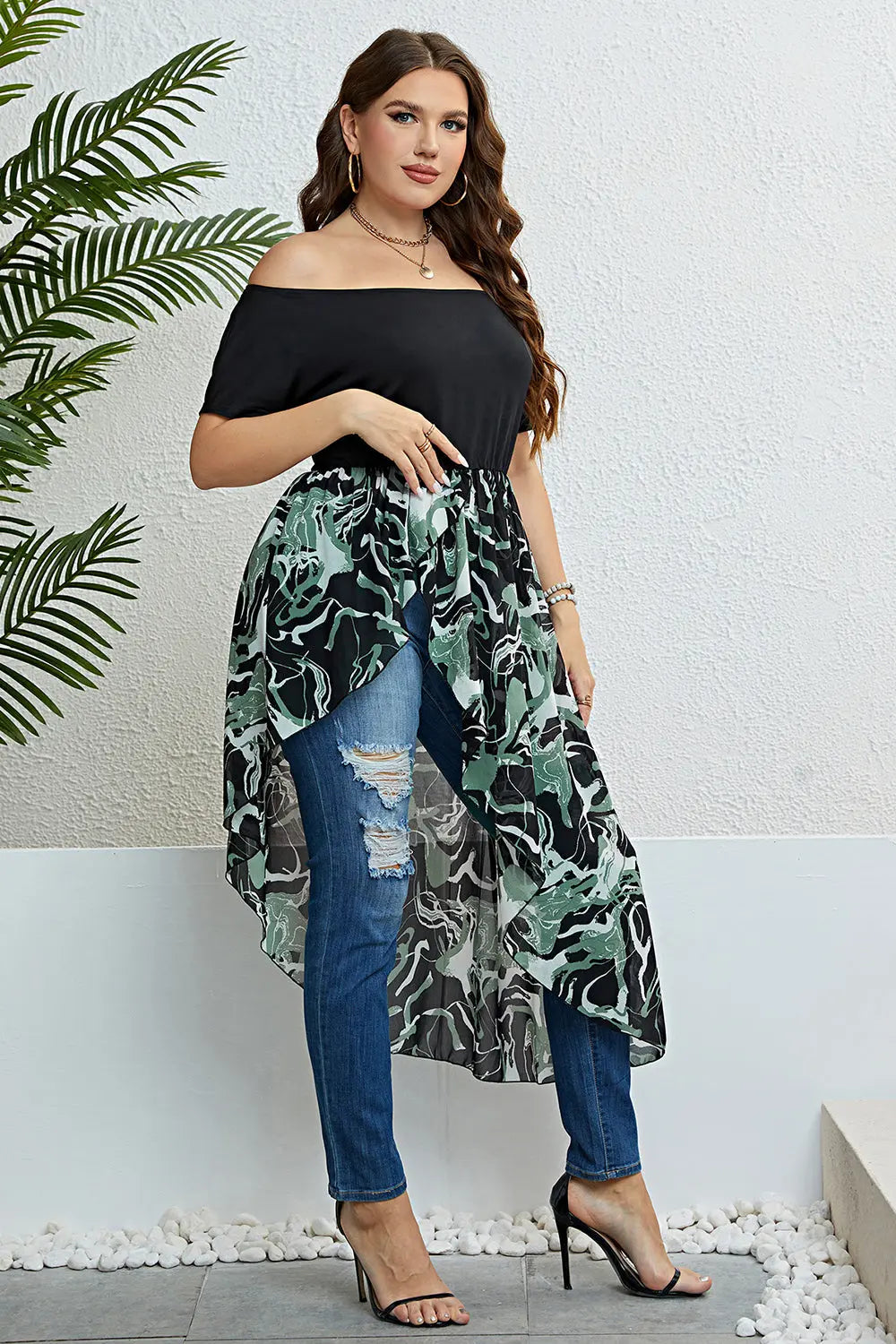 Plus Size Off-Shoulder Asymmetrical Hem Dress - GlossiChic Collection Black / 1XL GlossiChic Collection Dresses