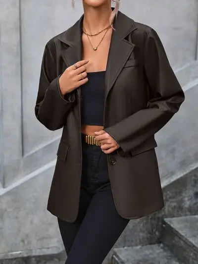 Pocketed Button Up Collared Neck Blazer - GlossiChic Collection Chocolate / S GlossiChic Collection apparel