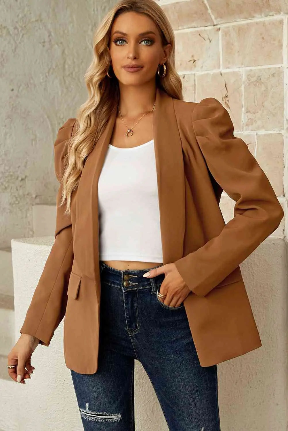 Puff Sleeve Shawl Collar Blazer - GlossiChic Collection Brown / S GlossiChic Collection apparel