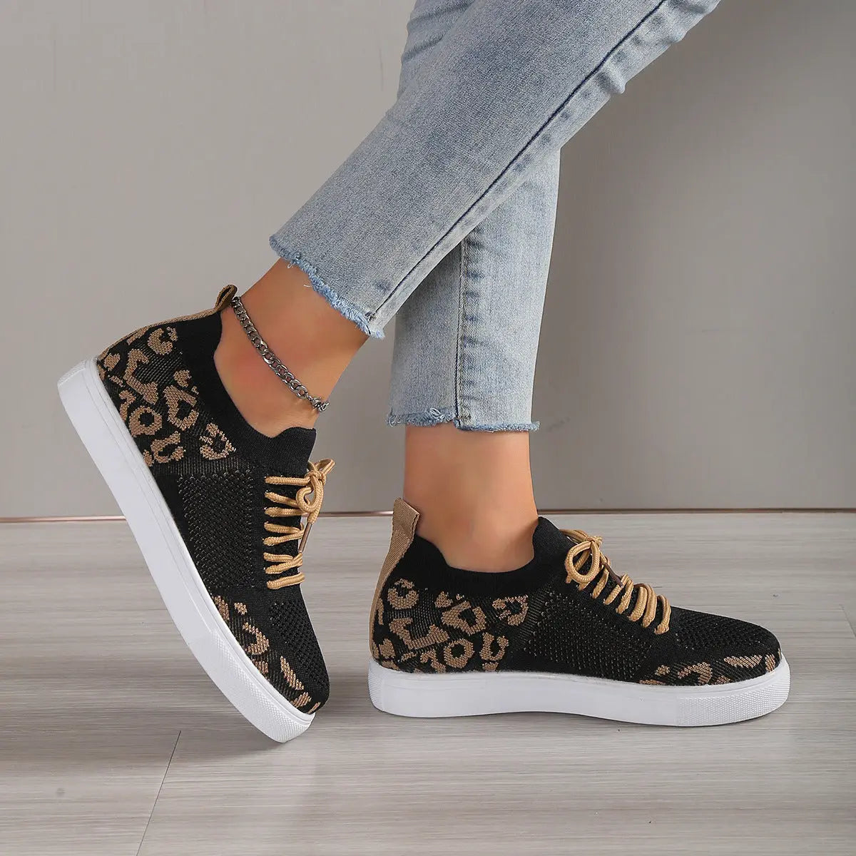 Lace-Up Leopard Flat Sneakers - GlossiChic Collection Black / 36(US5) GlossiChic Collection Shoes & Accessories