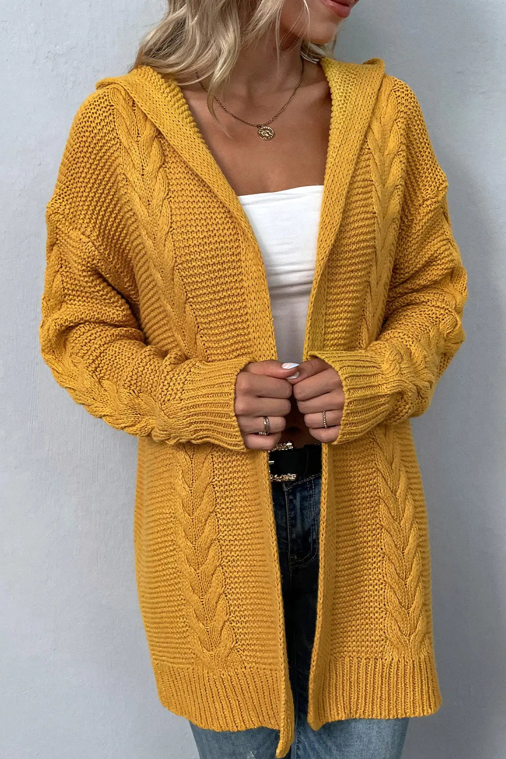 Cable-Knit Dropped Shoulder Hooded Cardigan - GlossiChic Collection Honey / S GlossiChic Collection apparel