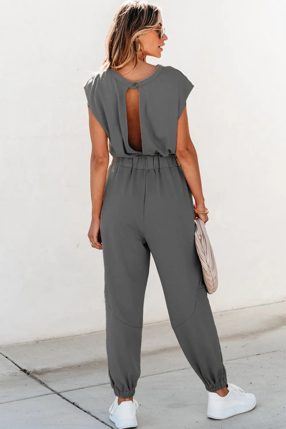Cutout Drawstring Cap Sleeve Jumpsuit - GlossiChic Collection Charcoal / S GlossiChic Collection Jumpers & Rompers