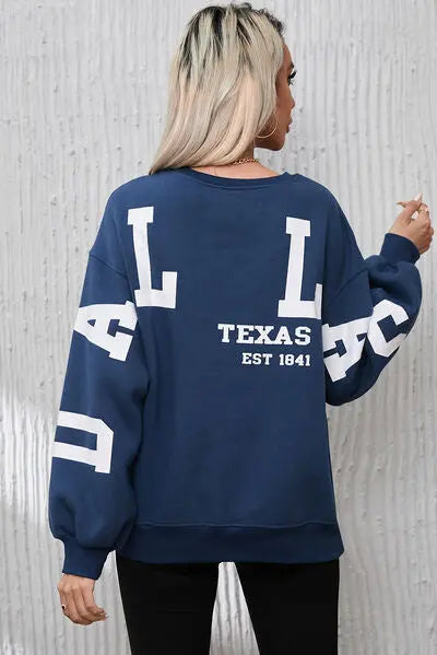 Letter Graphic Round Neck Dropped Shoulder Sweatshirt - GlossiChic Collection Navy / S GlossiChic Collection apparel