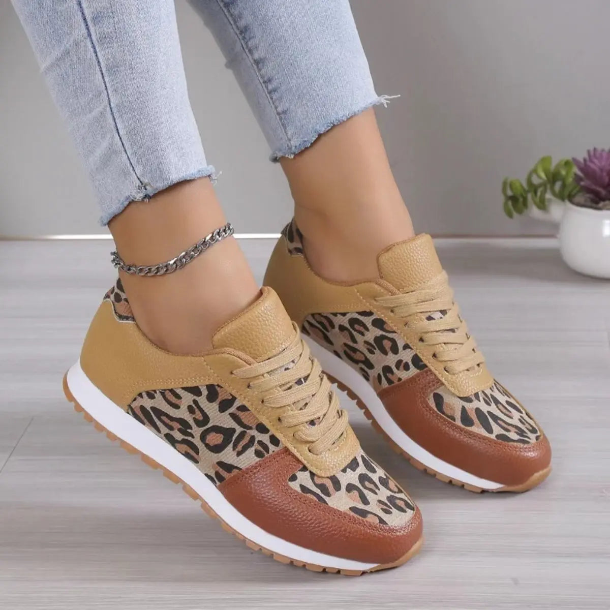 Tied Printed PU Leather Athletic - GlossiChic Collection Tan / 36(US5) GlossiChic Collection Shoes & Accessories