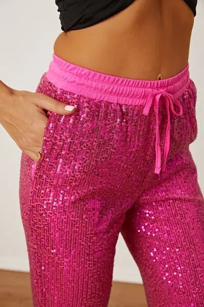 Sequin Drawstring Pants with Pockets - GlossiChic Collection Hot Pink / S GlossiChic Collection Jeans, Pants, & Shorts