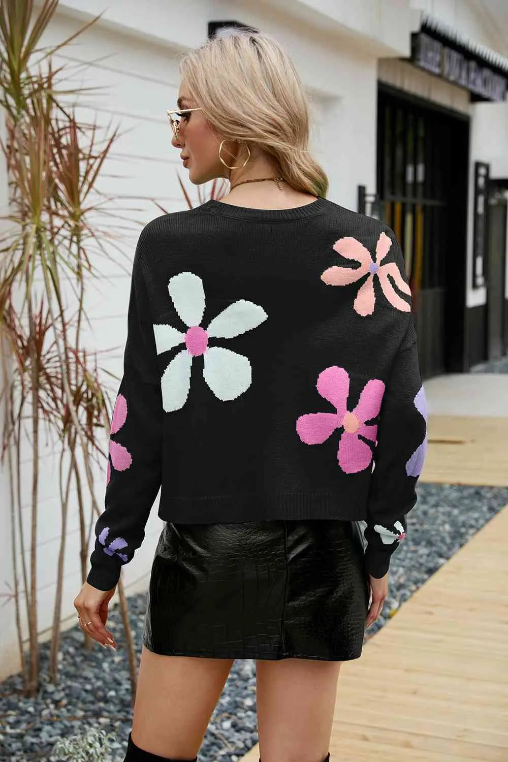Flower Round Neck Drop Shoulder Sweater - GlossiChic Collection Teal / S GlossiChic Collection apparel