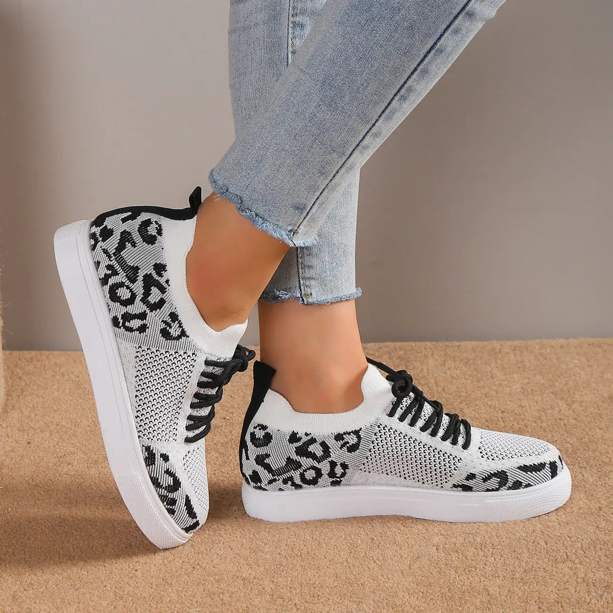 Lace-Up Leopard Flat Sneakers - GlossiChic Collection Black / 36(US5) GlossiChic Collection Shoes & Accessories