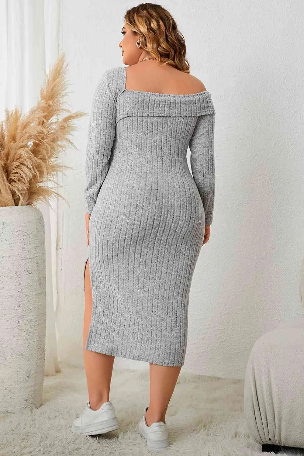 Plus Size Square Neck Long Sleeve Slit Dress - GlossiChic Collection Heather Gray / 1XL GlossiChic Collection apparel