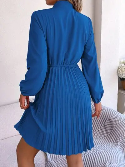 Tie Neck Balloon Sleeve Pleated Dress - GlossiChic Collection Wine / S GlossiChic Collection Dresses