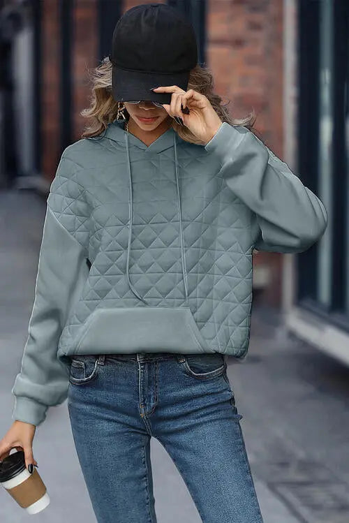 Drawstring Long Sleeve Hoodie with Pocket - GlossiChic Collection French Blue / S GlossiChic Collection apparel