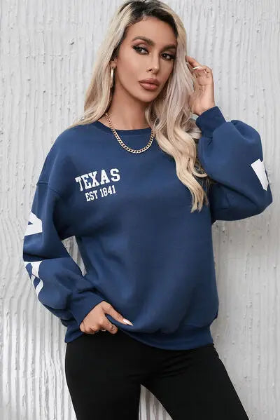 Letter Graphic Round Neck Dropped Shoulder Sweatshirt - GlossiChic Collection Navy / S GlossiChic Collection apparel