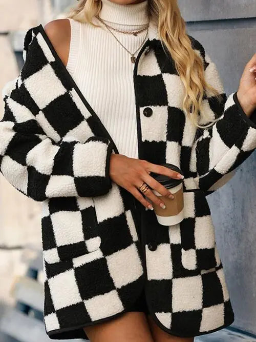 Full Size Checkered Button Front Coat with Pockets - GlossiChic Collection Black / S GlossiChic Collection apparel