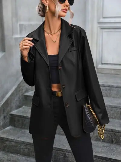 Pocketed Button Up Collared Neck Blazer - GlossiChic Collection Chestnut / S GlossiChic Collection apparel