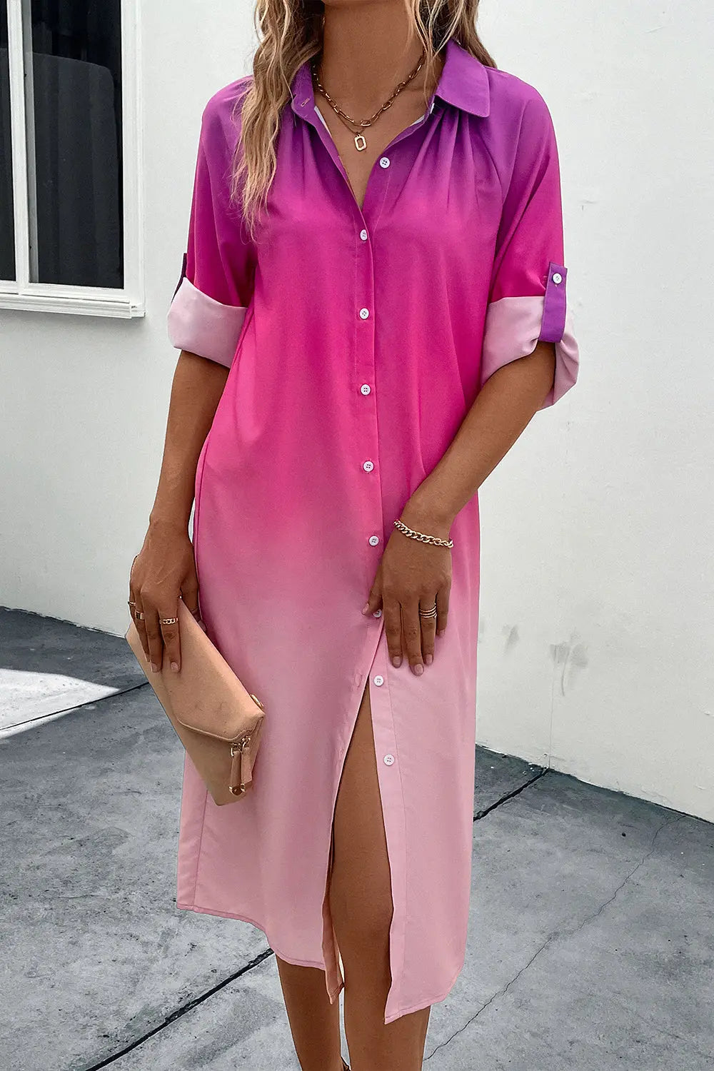 Gradient Long Sleeve Shirt Dress - GlossiChic Collection Hot Pink / S GlossiChic Collection Dresses
