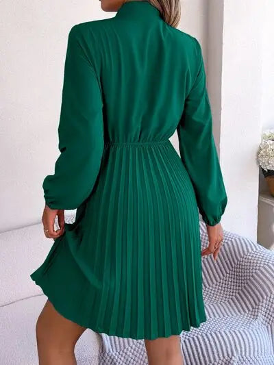 Tie Neck Balloon Sleeve Pleated Dress - GlossiChic Collection Wine / S GlossiChic Collection Dresses