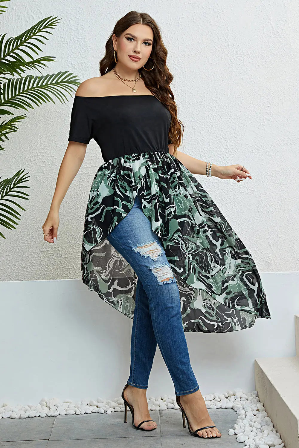 Plus Size Off-Shoulder Asymmetrical Hem Dress - GlossiChic Collection Black / 1XL GlossiChic Collection Dresses