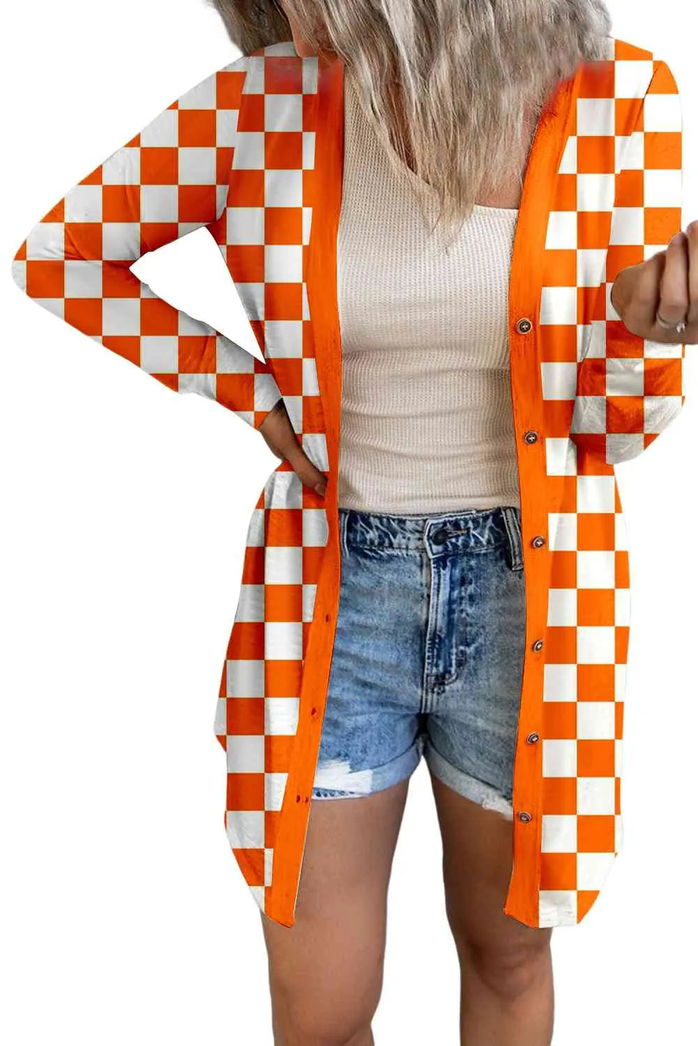 Checkered Button Up Long Cardigan - GlossiChic Collection Tangerine / S GlossiChic Collection apparel