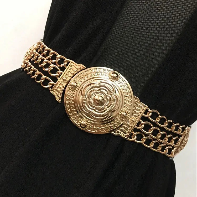 Fashion Metal Elastic Wide Belt Chain Flower Decoration - GlossiChic Collection Black GlossiChic Collection Belts & Hats