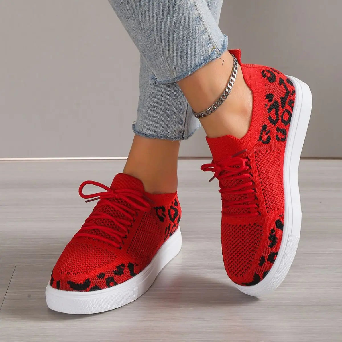 Lace-Up Leopard Flat Sneakers - GlossiChic Collection Black / 36(US5) GlossiChic Collection Shoes & Accessories