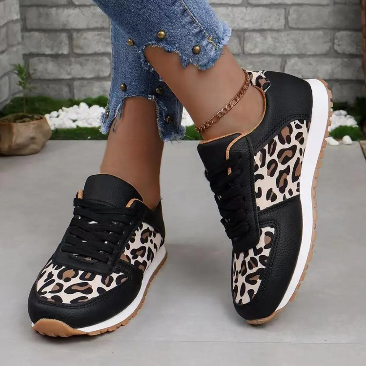 Tied Printed PU Leather Athletic - GlossiChic Collection Black / 36(US5) GlossiChic Collection Shoes & Accessories