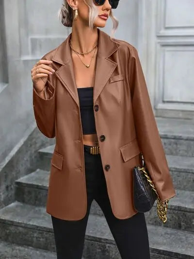 Pocketed Button Up Collared Neck Blazer - GlossiChic Collection Chestnut / S GlossiChic Collection apparel