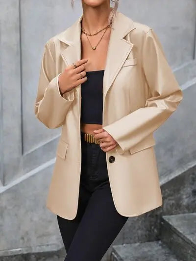 Pocketed Button Up Collared Neck Blazer - GlossiChic Collection Sand / S GlossiChic Collection apparel