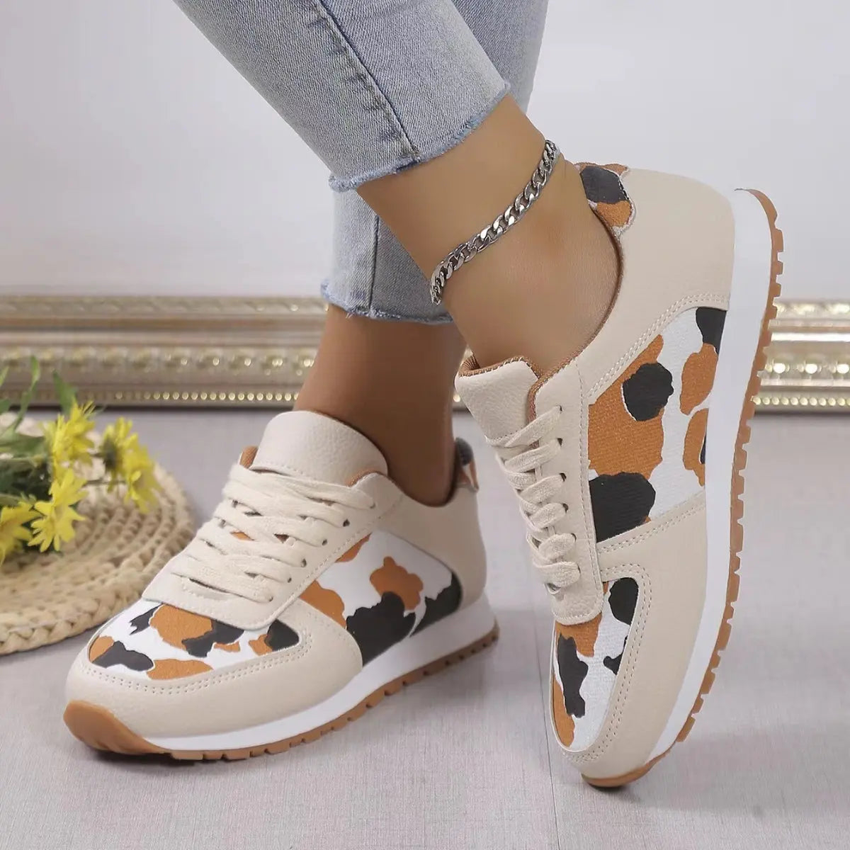 Tied Printed PU Leather Athletic - GlossiChic Collection Black / 36(US5) GlossiChic Collection Shoes & Accessories