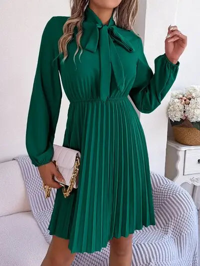 Tie Neck Balloon Sleeve Pleated Dress - GlossiChic Collection Green / S GlossiChic Collection Dresses