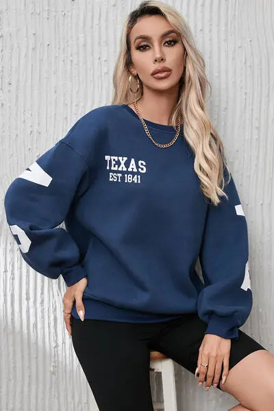 Letter Graphic Round Neck Dropped Shoulder Sweatshirt - GlossiChic Collection Navy / S GlossiChic Collection apparel