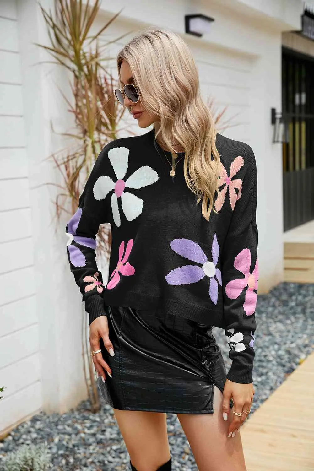 Flower Round Neck Drop Shoulder Sweater - GlossiChic Collection Black / S GlossiChic Collection apparel