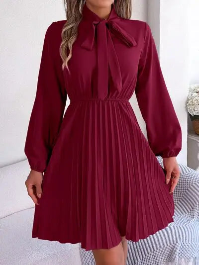 Tie Neck Balloon Sleeve Pleated Dress - GlossiChic Collection Wine / S GlossiChic Collection Dresses